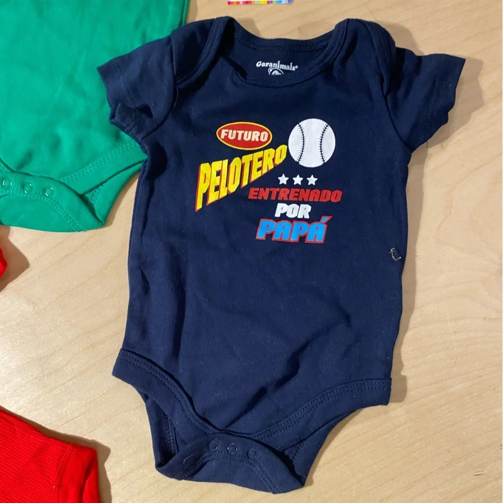 4 Garanimals Comic and Sports Baby Bodysuits - Red, Green, Navy 0-3M (OQ)